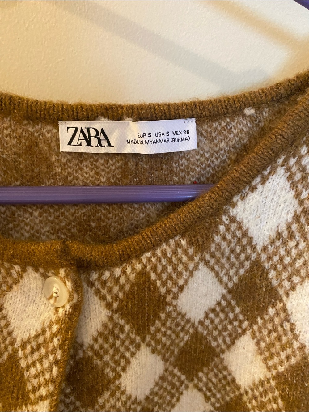 Zara Argyle Cropped Cardigan Sweater - Picture 2 of 4
